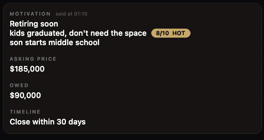 NotedRE Motivation card listing three reasons to sell on separate lines: Retiring soon, kids graduated and don't need the space, son starts middle school, with an 8/10 HOT score