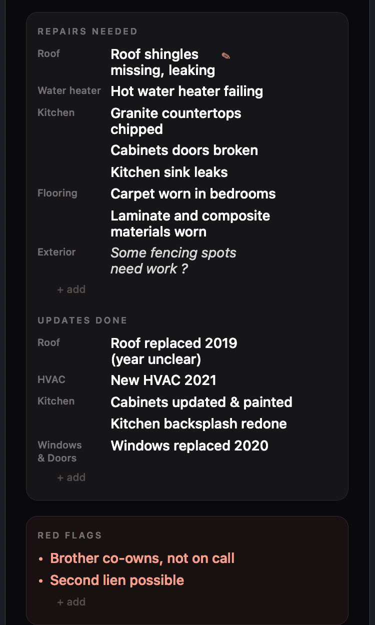 NotedRE repairs needed and updates done grouped by area: Roof, Water heater, Kitchen, Flooring, Exterior, HVAC, Windows and Doors, with a dimmed unsure item and red flags below